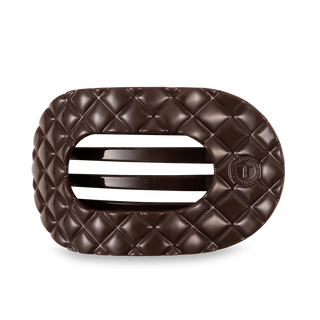 TELETIES Truly Taupe Quilted Large Flat Round Hair Clip is a brown quilted hair clip