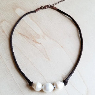 Triple Freshwater Pearl Brown Leather Choker Necklace