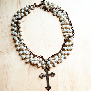 Pearl & Copper Collar Length Necklace w/ Copper Cross