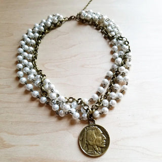 Pearl & Antique Gold Collar Length Necklace  w/ Indian Gold Coin