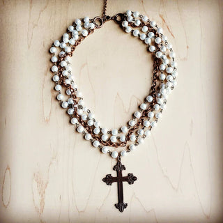 Pearl & Copper Collar Length Necklace w/ Copper Cross