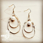 Matte Gold Double Hoop Earrings w/ Freshwater Pearl Dangle