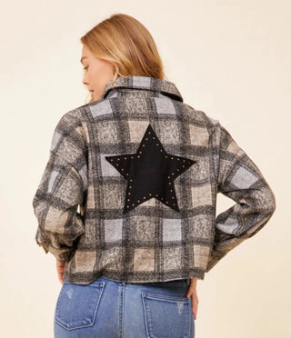 WINTER FROST PLAID KNITTED CROPPED SHACKET W/ BACK APPLIQUE