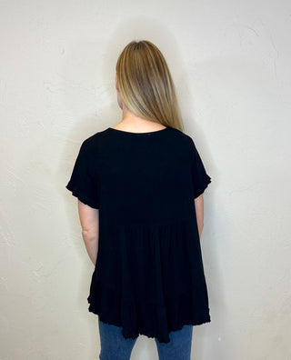 Reese Short Sleeve Linen Shirt w/ Ruffle Trim