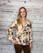 Emma Long Sleeve Floral Blouse with Ruffle Detail Neckline